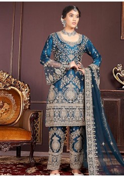 Blue Embroidery Straight Pant Suit